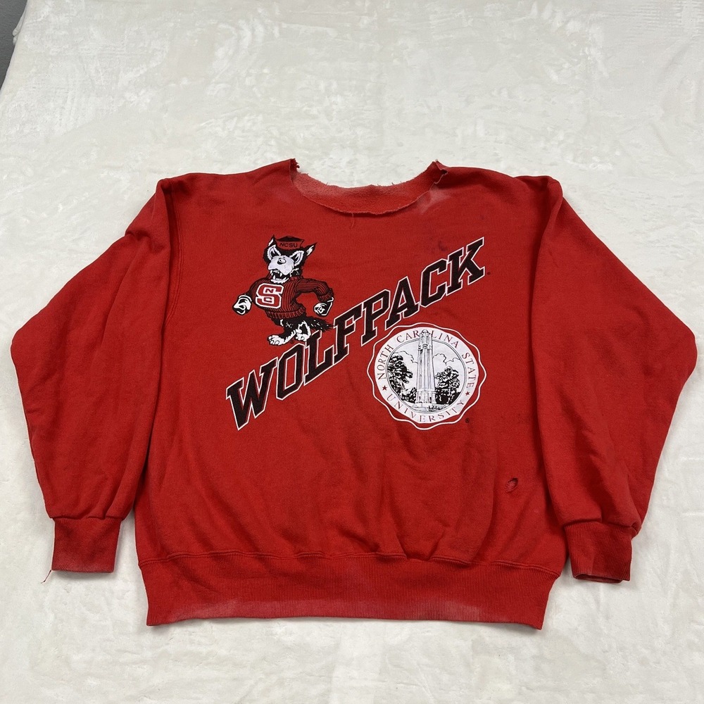 Vintage NC State Wolfpack Sweatshirt Mens L Red Distressed Cut Neck Collegiate